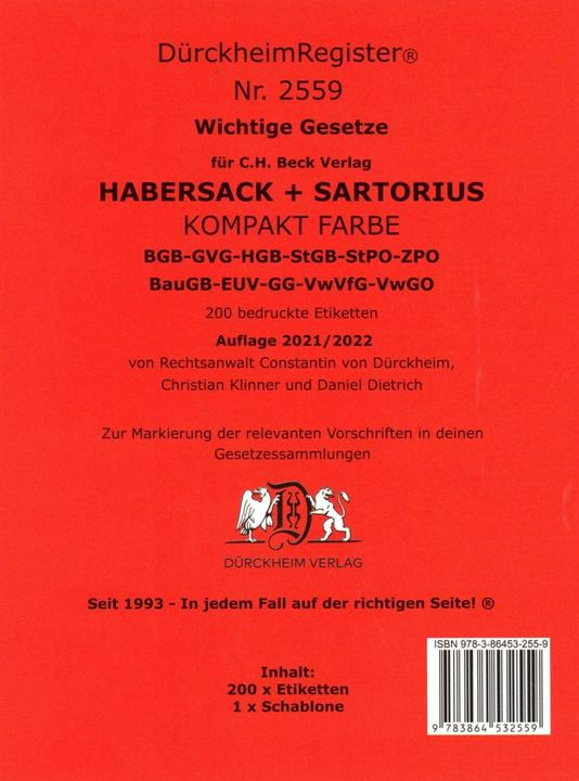 Produktbild Griffregister Nr. 2559: HABERSACK- SARTORIUS - KOMPAKT 2021/2022 (Deutsch, Constantin Dürckheim, 2019)