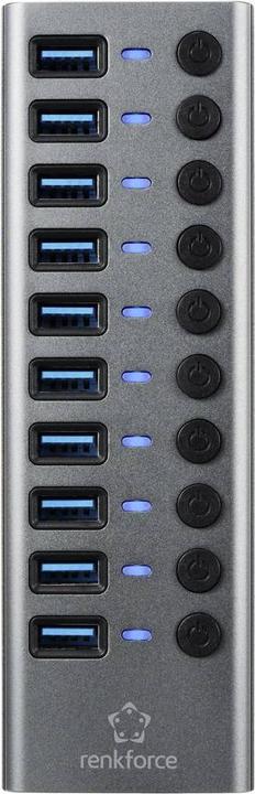 Produktbild Renkforce 10 Port USB 3.2 Gen 1-Umschalter + Hub (USB 3.0) mit Aluminiumgehäuse Silber-Schwarz (USB-A, 10 Ports)