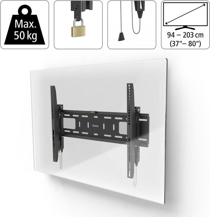 Immagine prodotto Hama Supporto da parete per TV, rigido, antifurto, 203 cm (80") fino a 50 kg (Muro, 90", 50 kg)