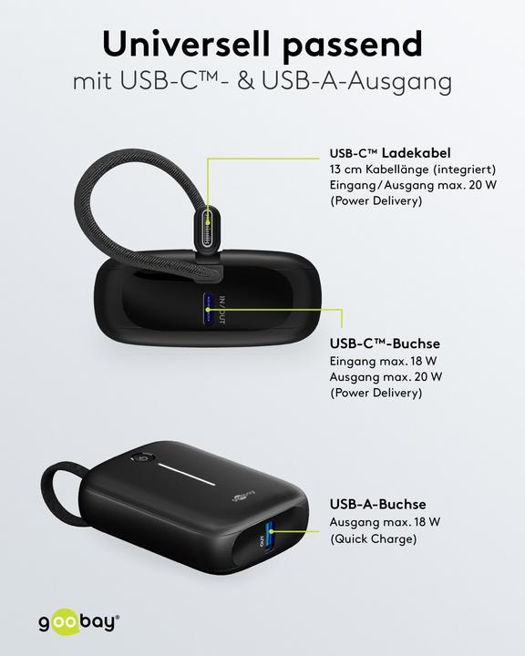 Immagine prodotto Goobay Powerbank 10.000 mAh mit integriertem USB-C-Kabel (10000 mAh, 15 W)