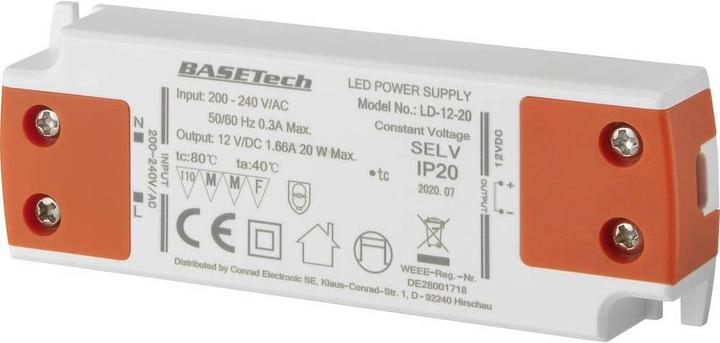 Produktbild Basetech LD-12-20 LED-Trafo Konstantspannung 20 W 1.66 A Möbelzulassung, Übers
