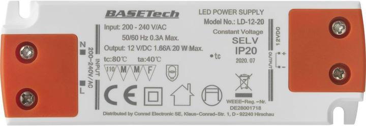 Produktbild Basetech LD-12-20 LED-Trafo Konstantspannung 20 W 1.66 A Möbelzulassung, Übers