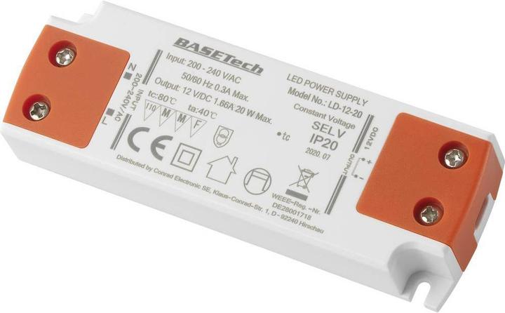 Produktbild Basetech LD-12-20 LED-Trafo Konstantspannung 20 W 1.66 A Möbelzulassung, Übers