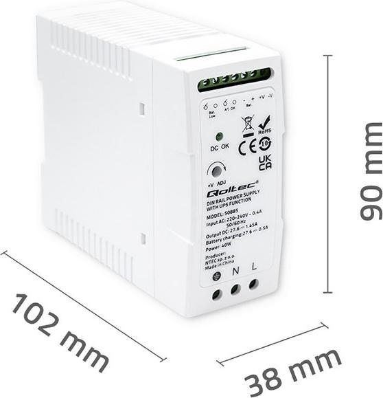 Actual product image Qoltec 50885 Stable DIN rail power supply unit with UPS function | 40W