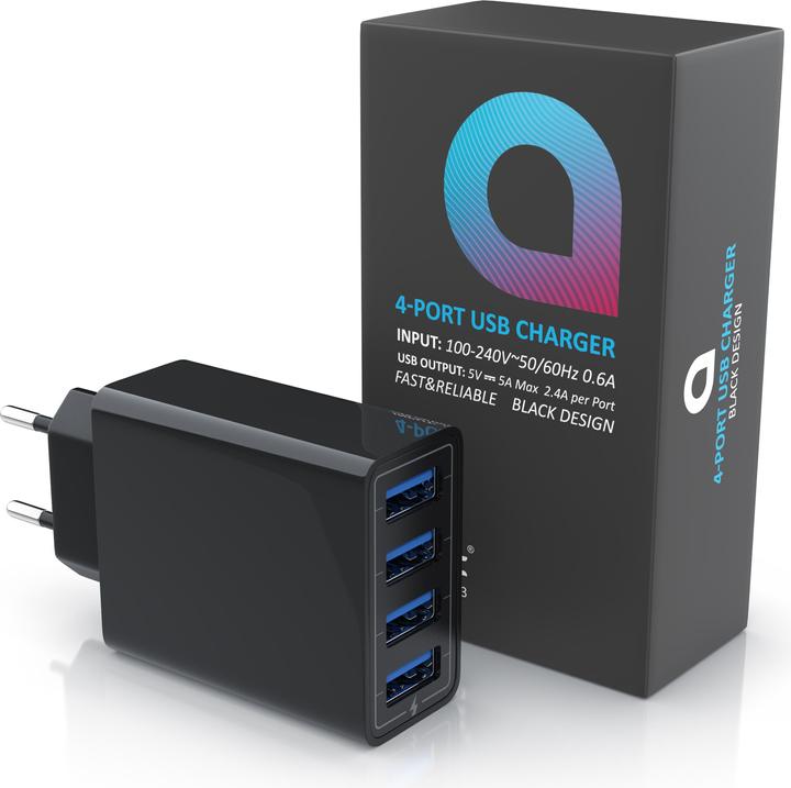 Produktbild Aplic USB Ladegerät 5000 mA, 4 Port Netzteil für Handy, Tablet uvm. 5000mA 2,4A Max. je Port, 25W, schwarz (25 W)