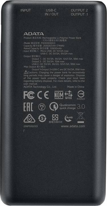 Produktbild Adata Power Pack P20000QCD (20000 mAh, 15 W, 74 Wh)