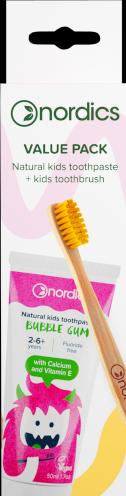 Produktbild Nordics Zahnpasta Kids Bubble Gum + Öko Zahnbürste Kids Gelb