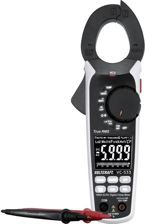 Stromzange VC-533, Sicherheits-Messleitungen, K-Typ Thermoelement Luftfühler (-20 bis +230°C), K-Typ-Messadapter, Aufbewahrungsbeutel, 3 Micro-Batterien (Typ AAA, 1,5V), Bedienungsanleitung