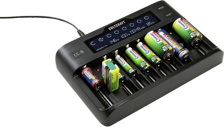 Produktbild Voltcraft CC-8 Rundzellen-Ladegerät (1 Stk., 10340, 14500, 16340, 17500, 18490, 18500, 18650, 21700, 22650, 26500, 26650, Sub-C, A, 9V Block, AA, AAA, Ladegerät ohne Akku)