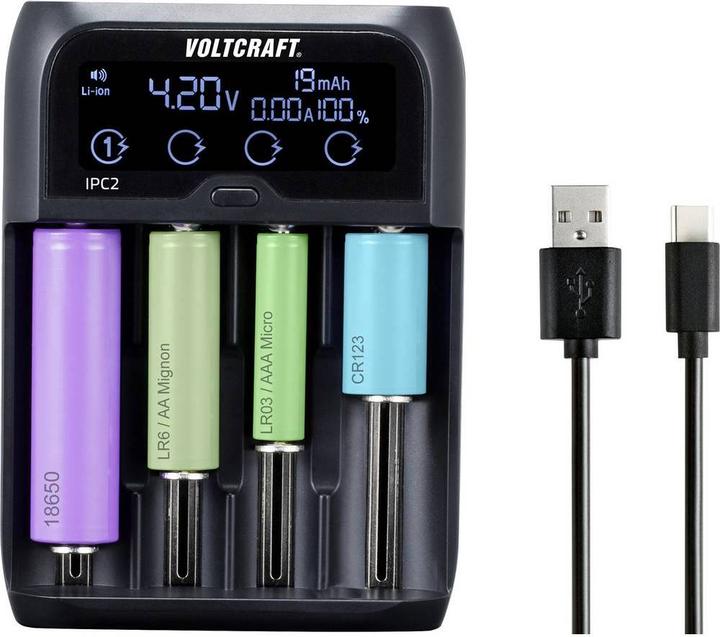 Produktbild Voltcraft Rundzellen-Ladegerät (1 Stk., 10440, 14500, 14650, 16340, 17500, 17650, 17670, 18350, 18500, 18650, 22650, 26500, 26650, AA, AAA, C, AAAA, Sub-C, Ladegerät ohne Akku)