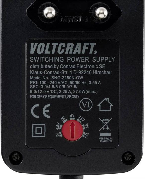 Image du produit Voltcraft SNG-2250N-OW Bloc d'alimentation, réglable 3 V/DC, 4.5 V/DC, 5 V/DC, 6 V/DC
