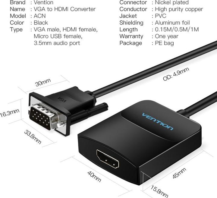 Image du produit Vention Câble convertisseur VGA vers HDMI (Adaptateur jack)