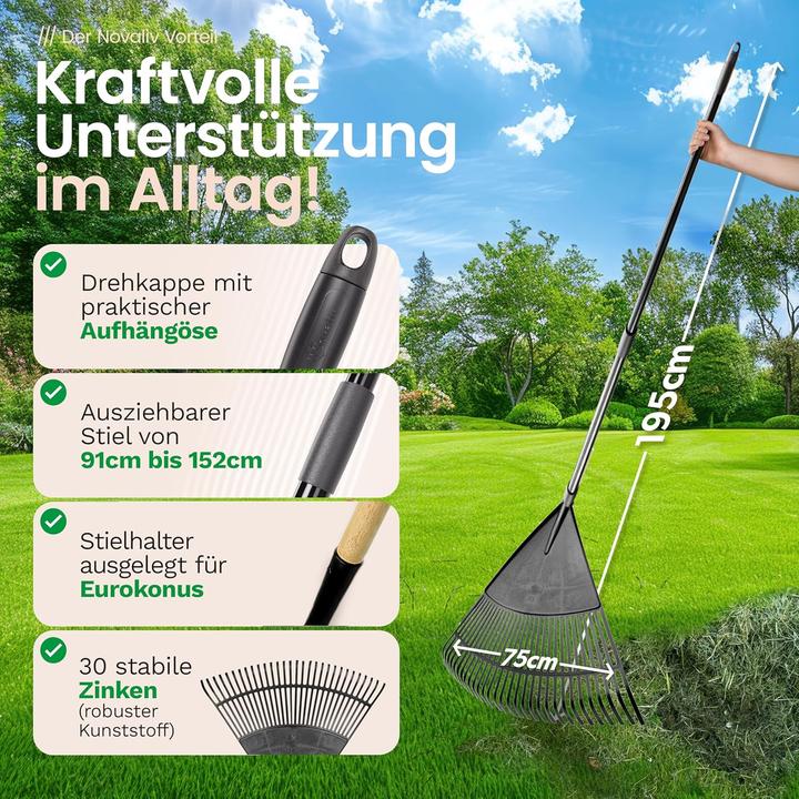 Actual product image Novatool Laubbesen mit Teleskop-Stiel bis 152cm, Laubfeger mit 30 Kunststoff-Zinken, Rechen Arbeitsb