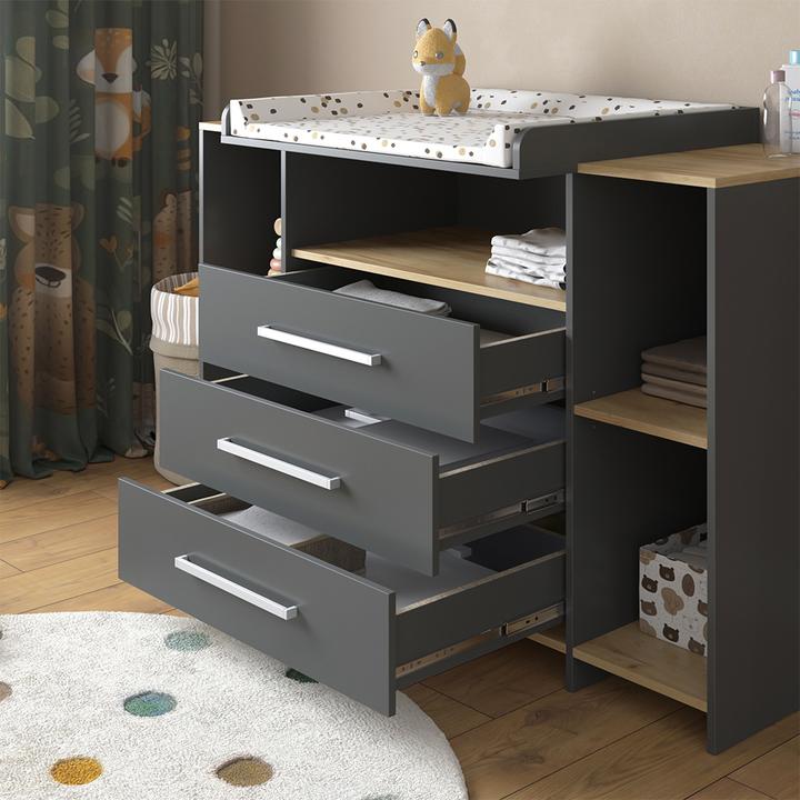Produktbild Vichy Wickelkommode Oskar, Anthrazit/Goldkraft Eiche, 143.2 x 93 cm mit 3 Schubladen