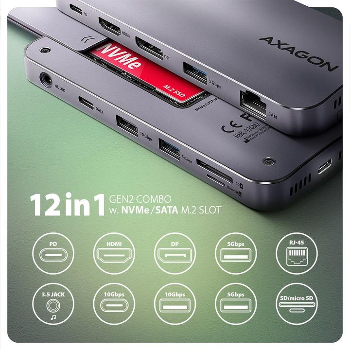 Produktbild Axagon HMC-12GM2 Hub USB 12 in1 10 Gbit (USB-C, 1 Ports)