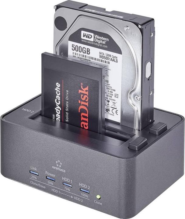 Renkforce USB 3 SATA hard drive docking station with clone and erase function