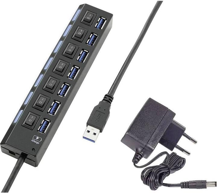 Actual product image Renkforce 7 port USB 3 hub, switchable with iPad charging port and power supply unit (USB-A, 7 Ports)