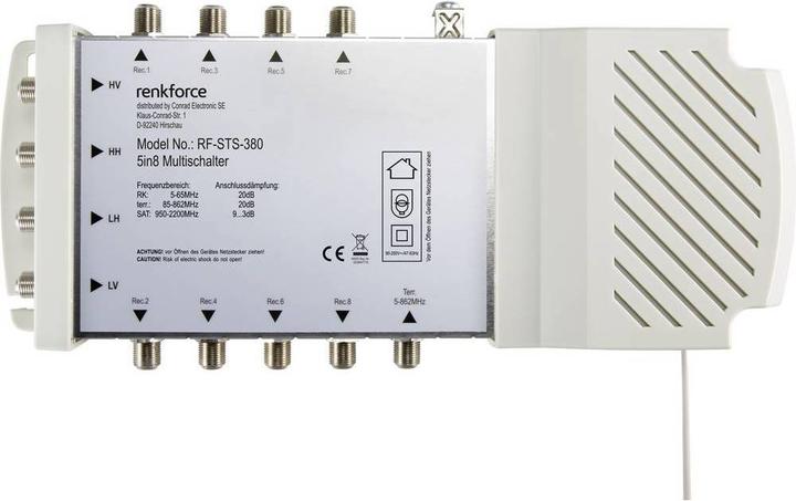 Actual product image Renkforce RF-STS-380 SAT multiswitch Inputs (multiswitch): 5 (4 SAT/1 terrestrial) Number of subscribers: 8 (Multi switch)