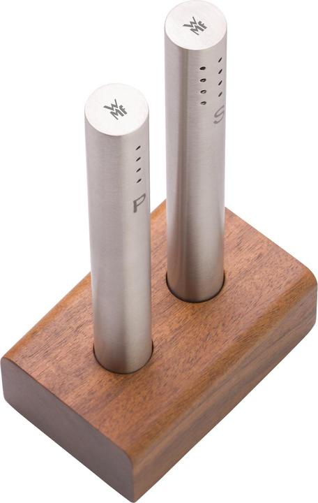 Image du produit WMF Salière et poivrière Set 3 pièces Cromargan acier inoxydable mat avec support en bois (Sel, Poivre)