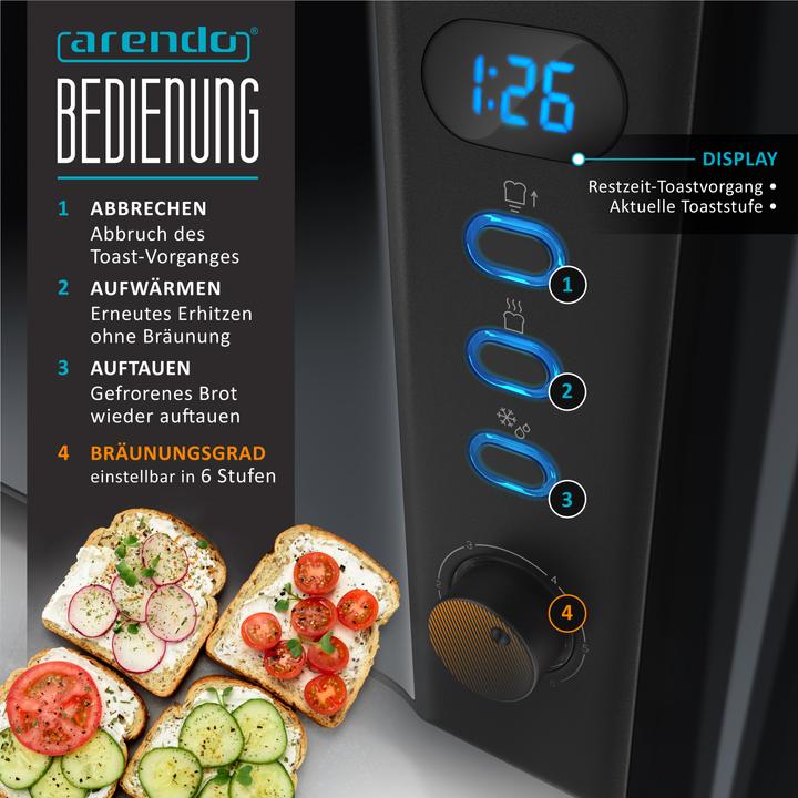 Produktbild Arendo Toaster Langschlitz Edelstahl 4 Scheiben, Brötchenaufsatz, Display mit Restzeitanzeige, Doppelwand