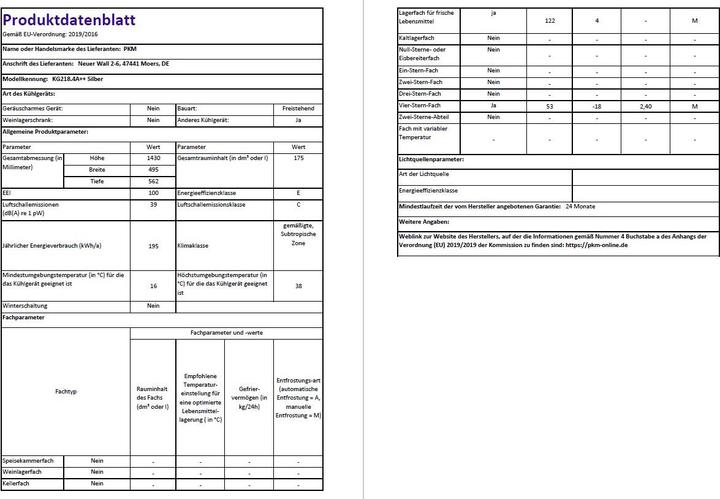 Nutritional values and ingredients PKM Kühl-Gefrier-Kombination KG 218.4A++ Silber (175 l)