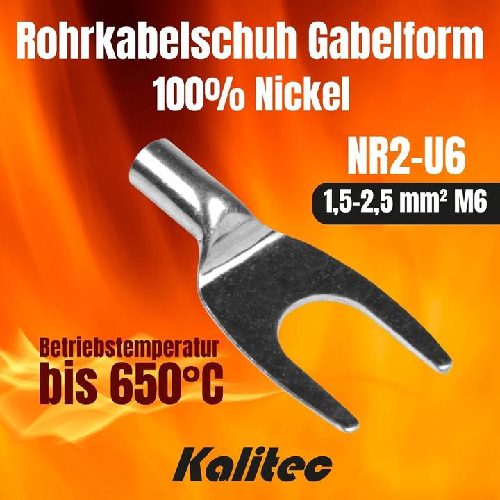 Image du produit Kalitec 10 pièces NR2-U6 Cosse tubulaire nickel pur 1,5-2,5mm² M6 Forme de fourche I pour très haute