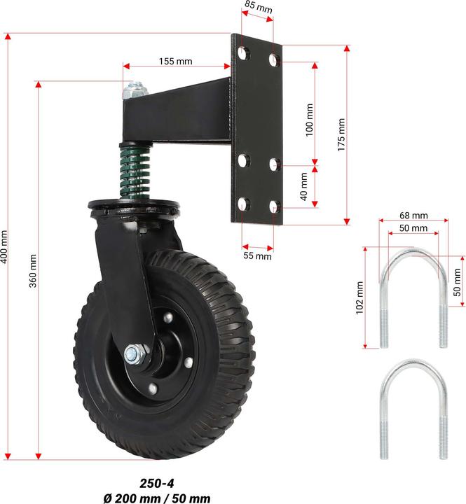 Actual product image Wiltec Spring Loaded Gate Wheel 200 mm 275 kg Castor Brake Jockey