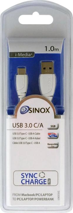 Immagine prodotto Sinox i-Media - Cavo USB - da USB tipo A (maschio) a USB-C (maschio) reversibile - USB 3.0 - 1 m - bianco (1 m, USB 3.2 Gen 1)