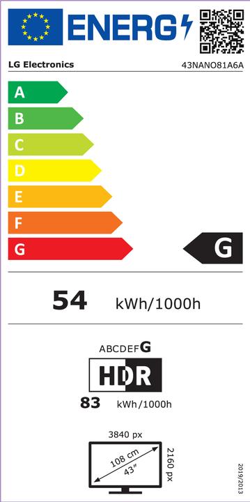 Energie-Label LG 43NANO81A6A sw NanoCell LED-TV UHD,Multituner,Smart,PVR,a7,HDR (43", Nano-Cell, 4K, 2025)