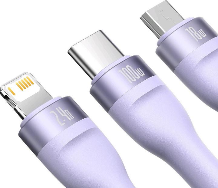 Immagine prodotto Baseus Cavo USB 3in1 serie Flash, USB-C + micro USB + Lightning, 100W, 1,2m (viola) (1.20 m, USB 2.0, 100 W)