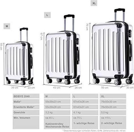 Immagine prodotto Beibye Carrello a guscio rigido Twin Wheels 2048, argento, XL (115 l, L (90 - 115l))