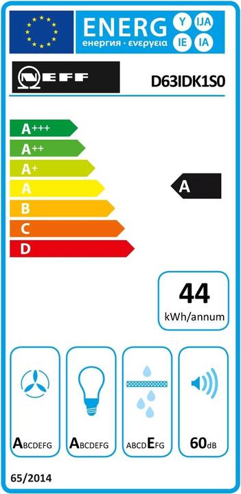 Label énergétique Neff N 30, lavabo mural, 60 cm, verre clair imprimé noir, D63IDK1S0 (Hotte murale)