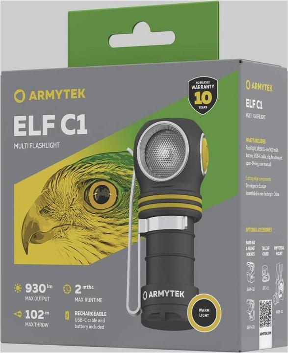 Image du produit ArmyTek Elf C1 lampe de poche LED blanc chaud alimentée par batterie 930 lm 55 g (7.60 cm, 930 lm)