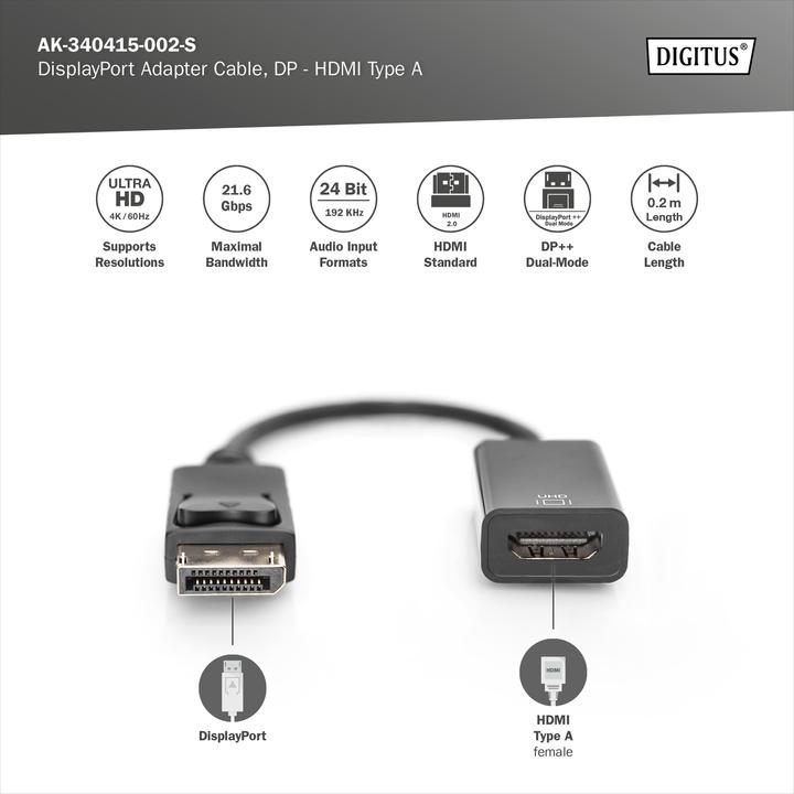 Immagine prodotto Digitus Atto. Cavo adattatore da DP a HDMI (HDMI, 25.20 cm)