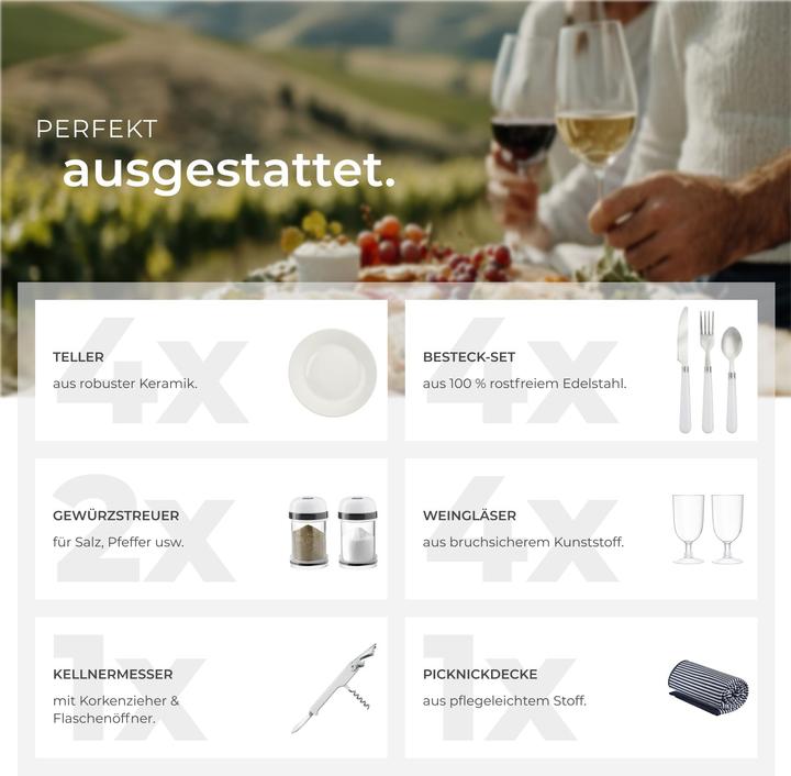 Produktbild tectake Picknickkorb Usedom für 4 Personen, mit Kühlfach & Zubehör