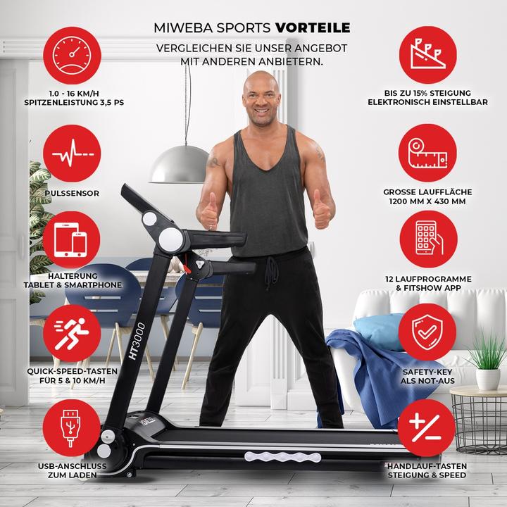 Produktbild Miweba Sports Laufband HT3000 Steigung klappbar elektrisch Fitness Heimtrainer (Schwarz/Weiss)