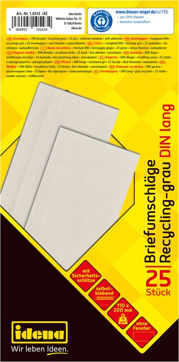 Productafbeelding Idena BU DIN lang recycl. sk, o.F.,75g/m²,25 stuks (DIN lang (11 x 22 cm), 25 x)