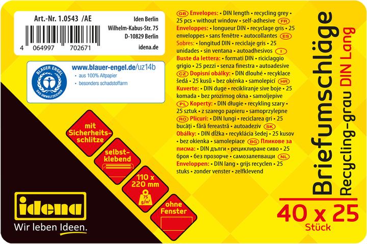 Productafbeelding Idena BU DIN lang recycl. sk, o.F.,75g/m²,25 stuks (DIN lang (11 x 22 cm), 25 x)