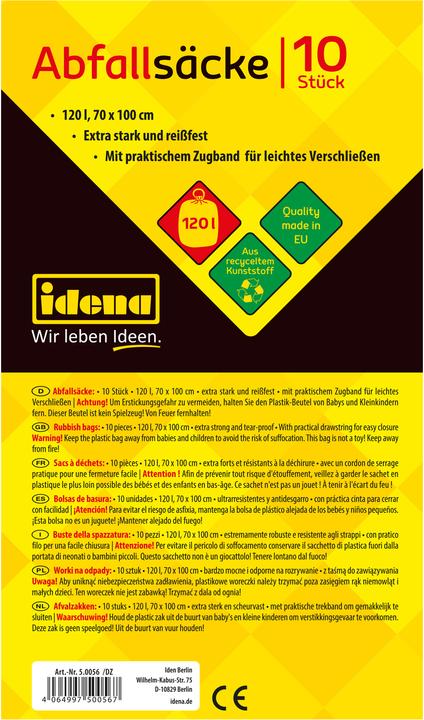 Produktbild Idena Zugbandsäcke 120l 10 Stück blau 40µ (10 x, 120 l)