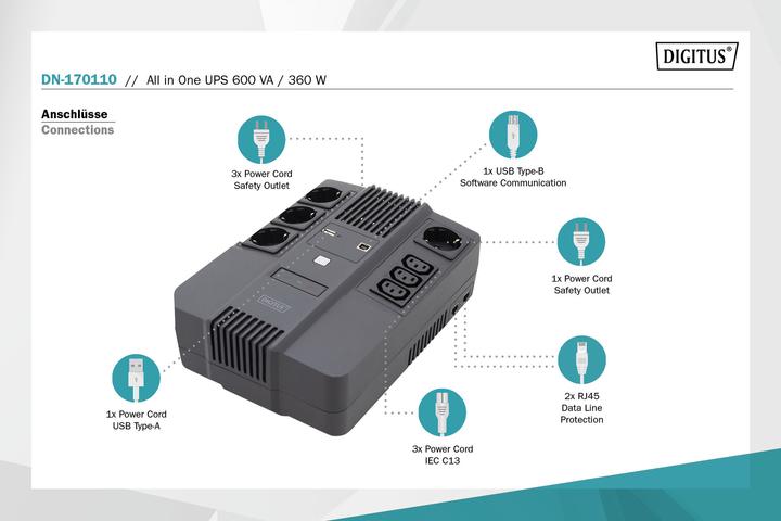 Actual product image Digitus All-in-One UPS, 600VA/360W, LED x1, 4x CEE 7/7,3x IEC C13, USB (600 VA, 360 W, Line-interactive UPS)