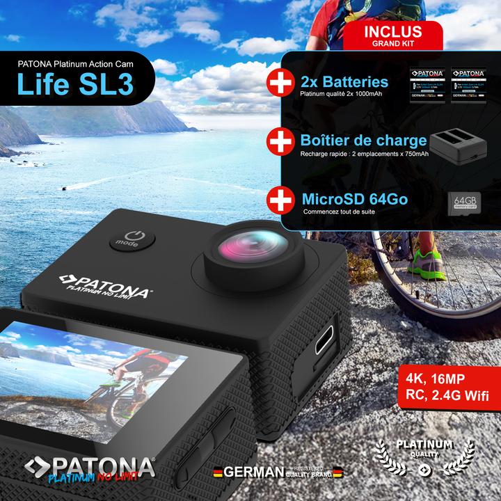 Produktbild Patona BIG SET Action Cam Life SL3 4K 120fps 16mp 120° 4G+IR Akkus+Dualladegerät+64GB Karte+Zubehör (WLAN)