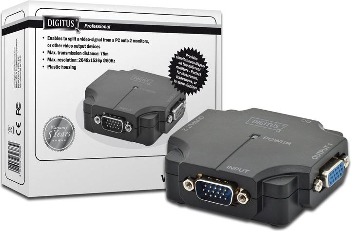 Image du produit Digitus VGA Splitter 2-Port 350MHz int.power amplifier up to 75m max resolution 2048x1536 at 60Hz