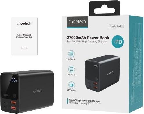Produktbild Choetech B635BK USB-A / USB-C Powerbank 22,5W 27000mAh - schwarz (27000 mAh, 222.50 W, 99.90 Wh)