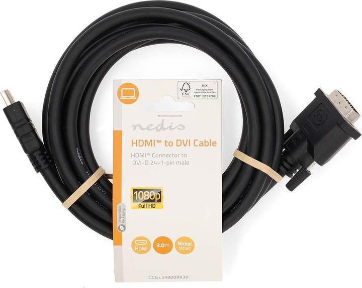 Actual product image Nedis HDMI™ cable | HDMI™ plug | DVI-D 24+1-pin plug | 1080p | nickel-plated | 3.00 m | straight | (3 m, HDMI)