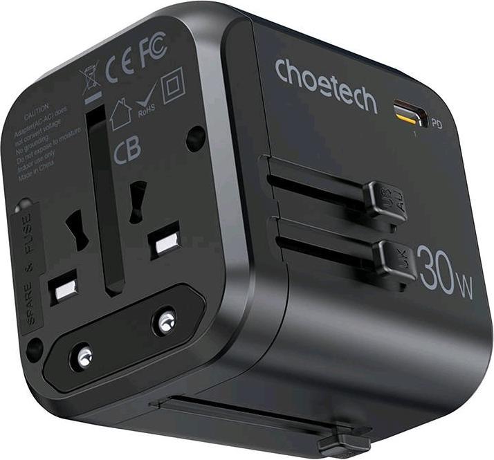 Actual product image Choetech Travel wall charger PD5008, 3xUSB-A, 1xUSB-C, GaN, 30W (black) (30 W)