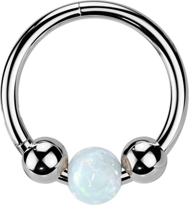 Star Piercing Micro Segmentring klappbar silber zwei Kugeln und Kugel Opal weiss (Titan G23, ohne Messing)