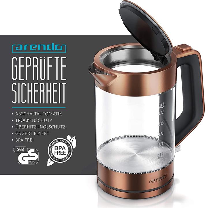Produktbild Arendo Solid Edelstahl Glas-Wasserkocher, Kupfer (1.70 l)