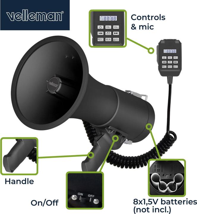 Produktbild Velleman Leistungsstarkes Megaphon mit 50 W, eingebauter Sirene, Aufnahmefunktion, Lautst?rkeregelung, Blueto (Megaphon)