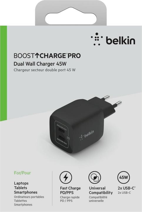Productafbeelding Belkin Dual USB-C GaN Ladegerät mit Power Deliver und PPS Technologie (45 W)