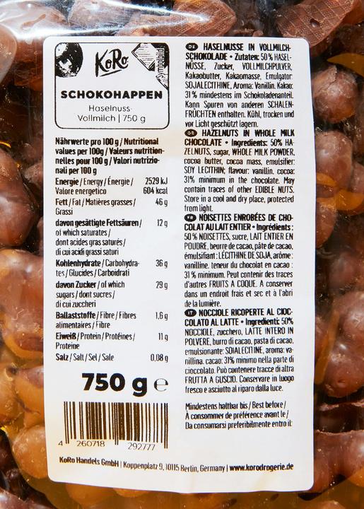 Valori nutrizionali e ingredienti KoRo Nocciole in cioccolato al latte (1 pz., 750 g)